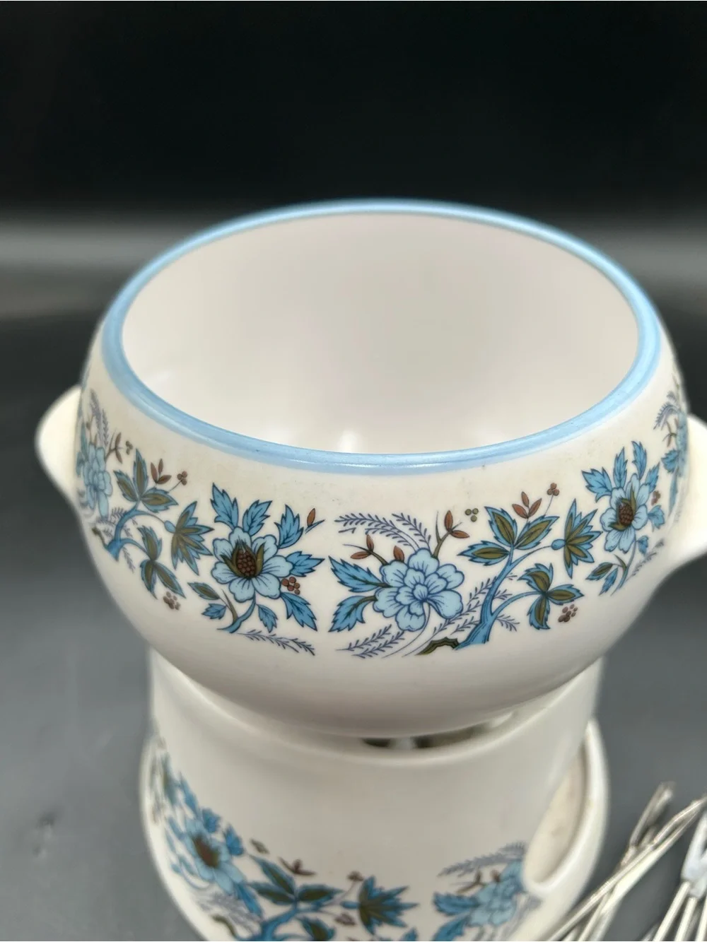 Vintage Noritake blue moon Fondue Set with Wooden Skewer Handles